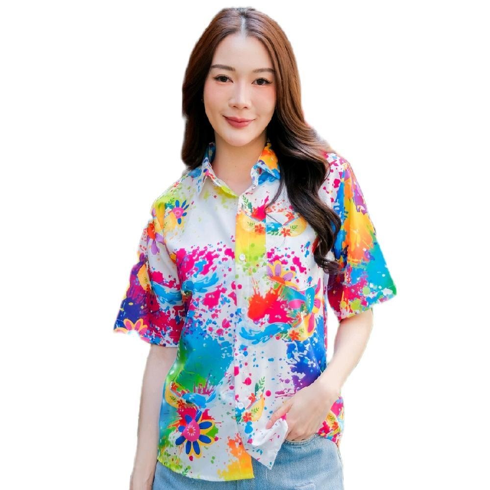 P021เสื้อฮาวายลายใหม่2025 สาดสีลายดอก ทรงวัยรุ่น หญิงชายใส่ได้ ผ้าโพลีพรีเมี่ยม ไซส์38-56นิ้ว งานปัายKTIERออกแบบเอง*1ตัว