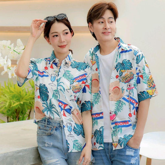 PINK3131 เสื้อฮาวายลายดอก ทรงวัยรุ่น หญิงชายใส่ได้ มีไซส์38-56นิ้ว ผ้าโพลีพรีเมี่ยม งานปัาย ลายคมชัด **1ตัว**