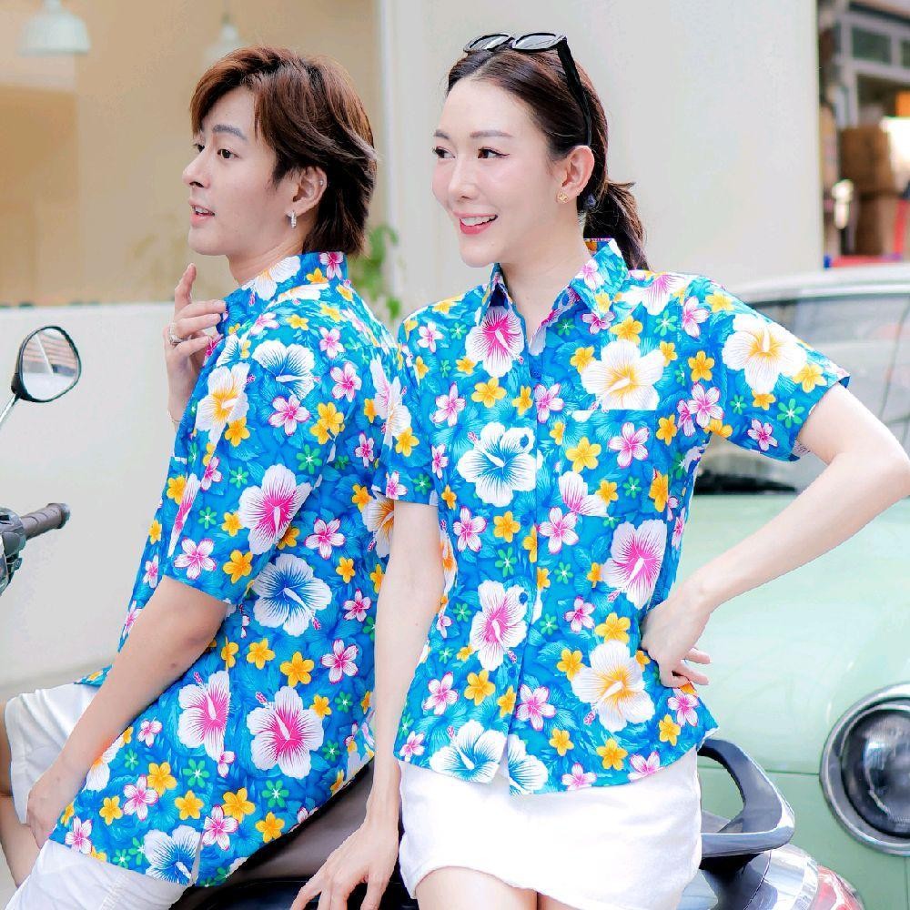 PINK010 เสื้อเชิ้ตลายดอก ผ้าคอตตอน100% สีไม่ตก ผ้าไม่หด ลายคมชัด มีไซส์หญิงชาย 34-54นิ้ว งานป้ายKTIER*1ตัว*