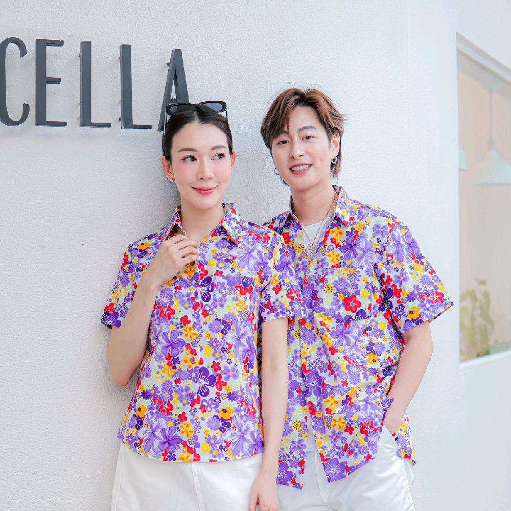 PINK015 เสื้อเชิ้ตลายดอก ผ้าคอตตอน100% สีไม่ตก ผ้าไม่หด ลายคมชัด มีไซส์หญิงชาย 34-56นิ้ว งานป้ายKTIER*1ตัว*