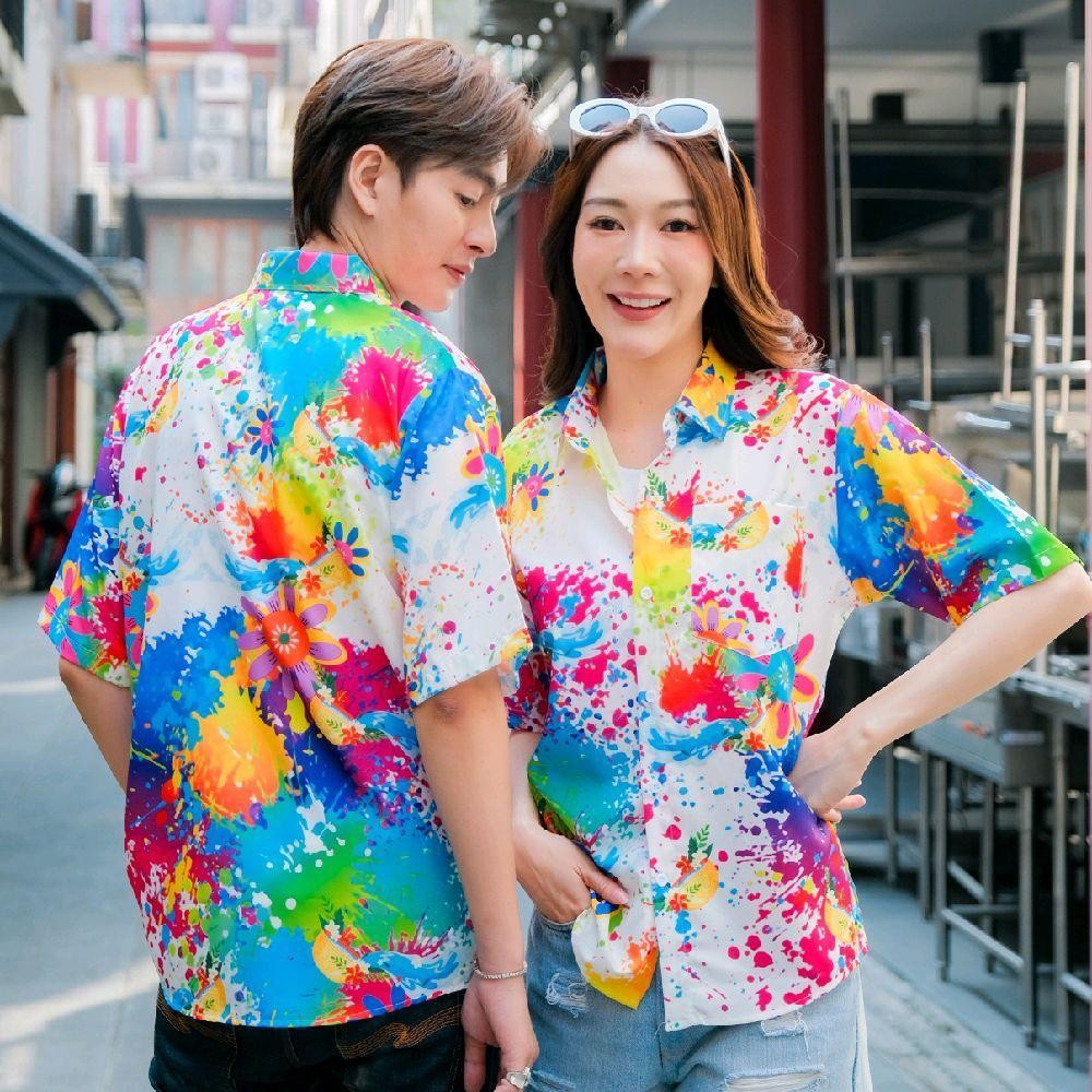 P021เสื้อฮาวายลายใหม่2025 สาดสีลายดอก ทรงวัยรุ่น หญิงชายใส่ได้ ผ้าโพลีพรีเมี่ยม ไซส์38-56นิ้ว งานปัายKTIERออกแบบเอง*1ตัว