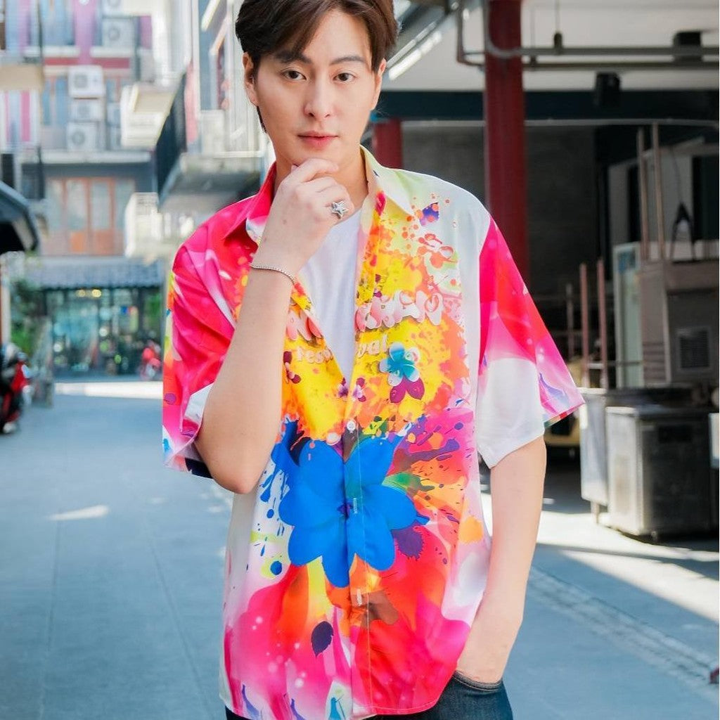 P019เสื้อฮาวายลายใหม่2025 สาดสีSongkran ทรงวัยรุ่น หญิงชายใส่ได้ ผ้าโพลีพรีเมี่ยม ไซส์38-56นิ้ว งานปัาย ลายคมชัด *1ตัว*