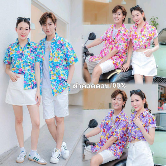 PINK015 เสื้อเชิ้ตลายดอก ผ้าคอตตอน100% สีไม่ตก ผ้าไม่หด ลายคมชัด มีไซส์หญิงชาย 34-56นิ้ว งานป้ายKTIER*1ตัว*