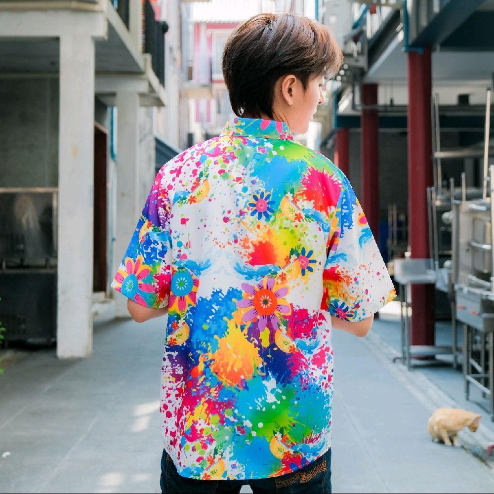 P021เสื้อฮาวายลายใหม่2025 สาดสีลายดอก ทรงวัยรุ่น หญิงชายใส่ได้ ผ้าโพลีพรีเมี่ยม ไซส์38-56นิ้ว งานปัายKTIERออกแบบเอง*1ตัว