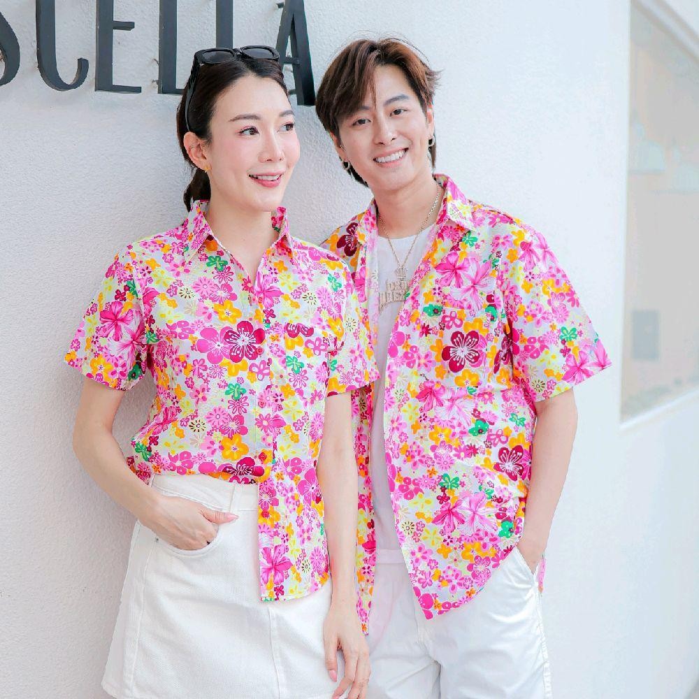 PINK015 เสื้อเชิ้ตลายดอก ผ้าคอตตอน100% สีไม่ตก ผ้าไม่หด ลายคมชัด มีไซส์หญิงชาย 34-56นิ้ว งานป้ายKTIER*1ตัว*