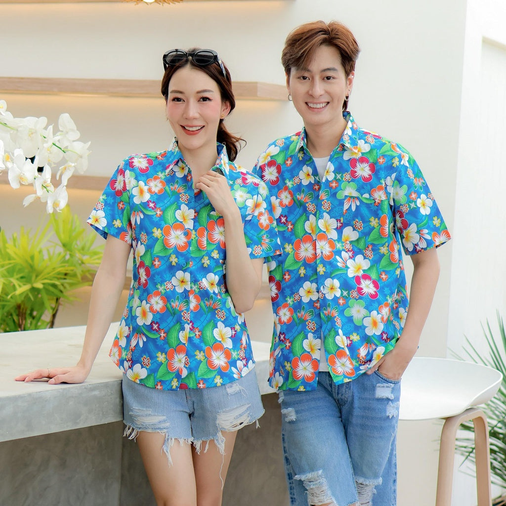 PINK01 เสื้อเชิ้ตลายดอก ผ้าคอตตอน100% สีไม่ตก ผ้าไม่หด ลายคมชัด มีไซส์หญิงชาย 34-56นิ้ว งานป้ายKTIER*1ตัว*