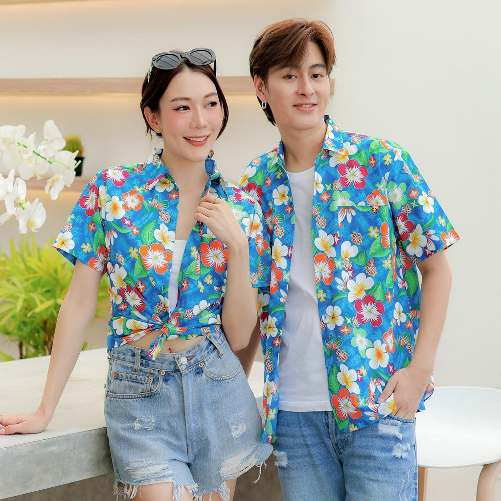 PINK01 เสื้อเชิ้ตลายดอก ผ้าคอตตอน100% สีไม่ตก ผ้าไม่หด ลายคมชัด มีไซส์หญิงชาย 34-56นิ้ว งานป้ายKTIER*1ตัว*