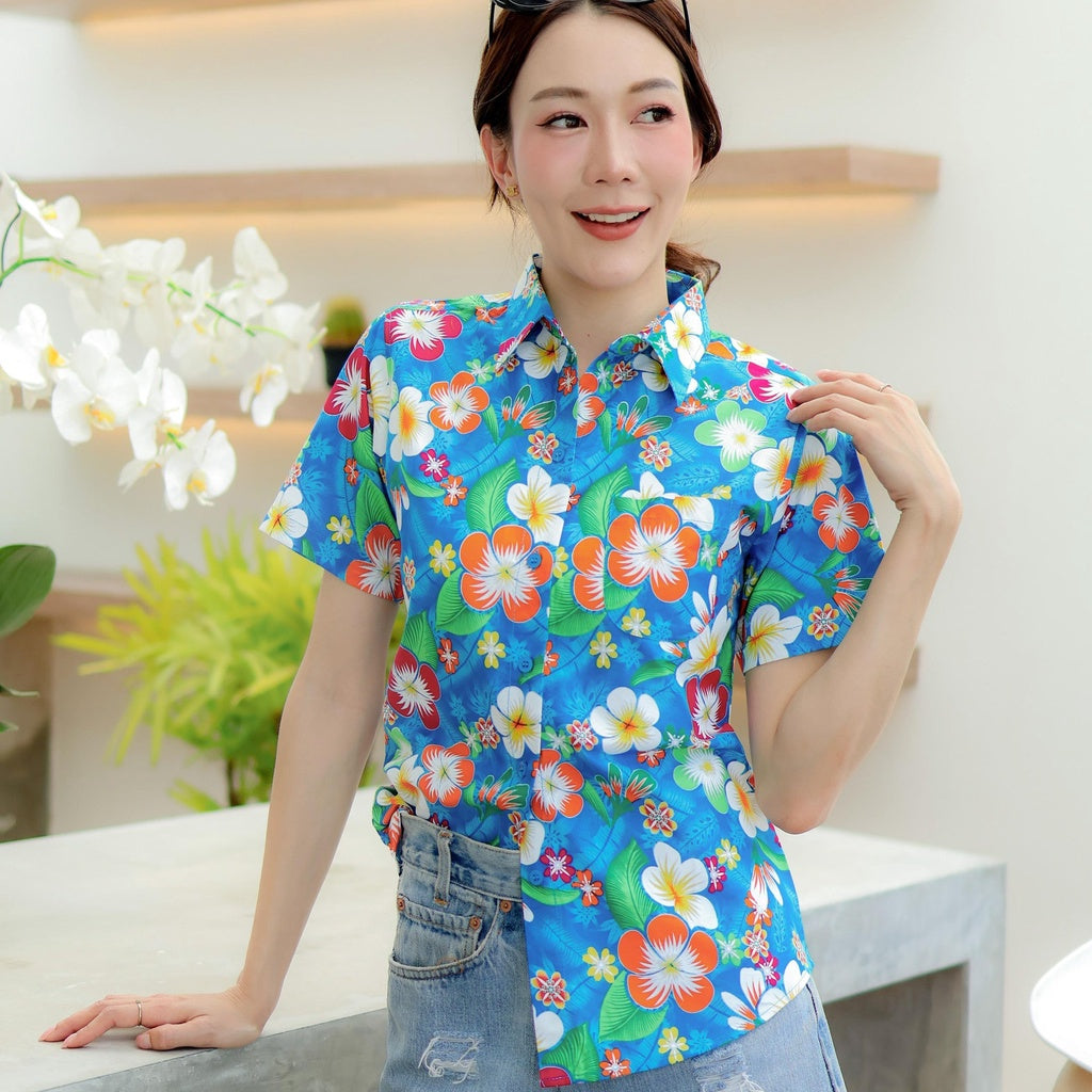 PINK01 เสื้อเชิ้ตลายดอก ผ้าคอตตอน100% สีไม่ตก ผ้าไม่หด ลายคมชัด มีไซส์หญิงชาย 34-56นิ้ว งานป้ายKTIER*1ตัว*