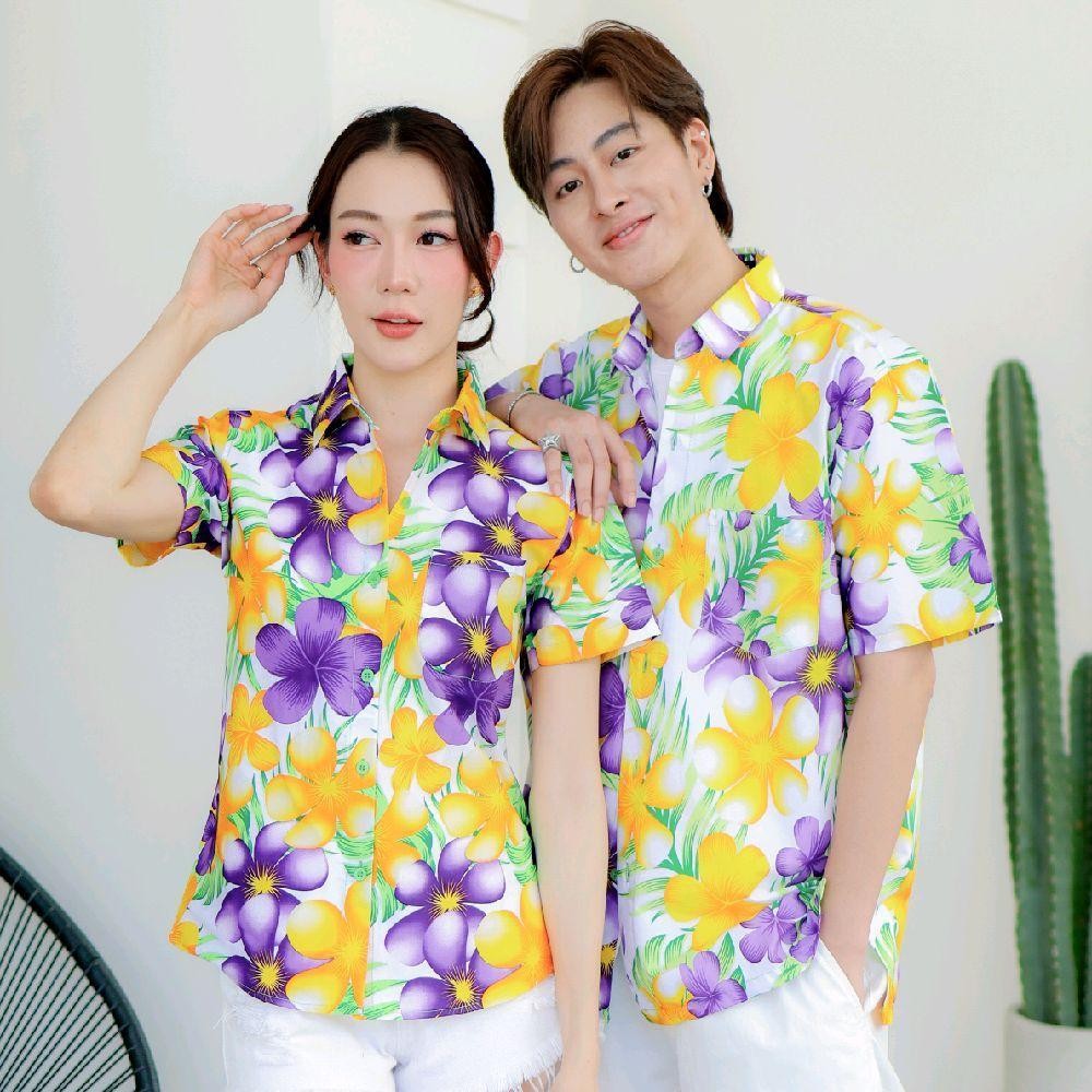 P07เสื้อเชิ้ตลายดอก ผ้าคอตตอน100% สีไม่ตก ผ้าไม่หด มีไซส์หญิงชาย งานป้ายKTIERออกแบบเอง*1ตัว*