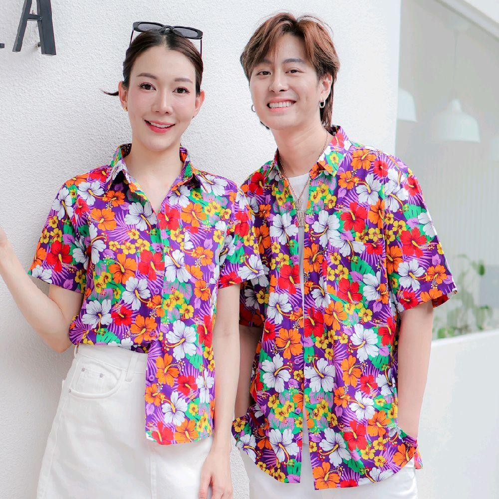 Pink027 เสื้อเชิ้ตลายดอก ผ้าคอตตอน100% สีไม่ตก ผ้าไม่หด ลายคมชัด มีไซส์หญิงชาย 34-54นิ้ว งานป้ายKTIER*1ตัว*