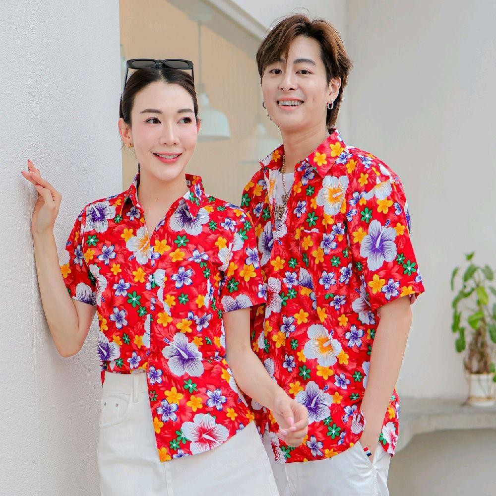 PINK010 เสื้อเชิ้ตลายดอก ผ้าคอตตอน100% สีไม่ตก ผ้าไม่หด ลายคมชัด มีไซส์หญิงชาย 34-54นิ้ว งานป้ายKTIER*1ตัว*