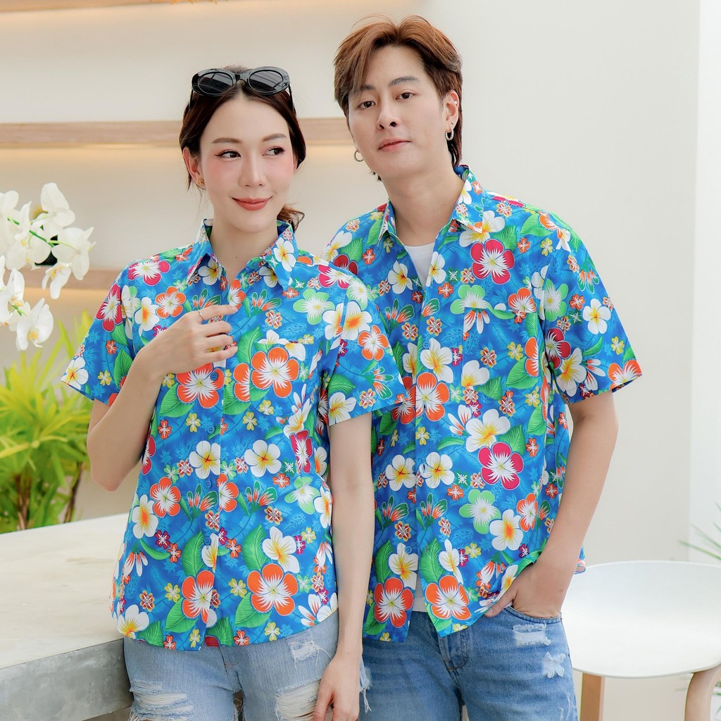 PINK01 เสื้อเชิ้ตลายดอก ผ้าคอตตอน100% สีไม่ตก ผ้าไม่หด ลายคมชัด มีไซส์หญิงชาย 34-56นิ้ว งานป้ายKTIER*1ตัว*