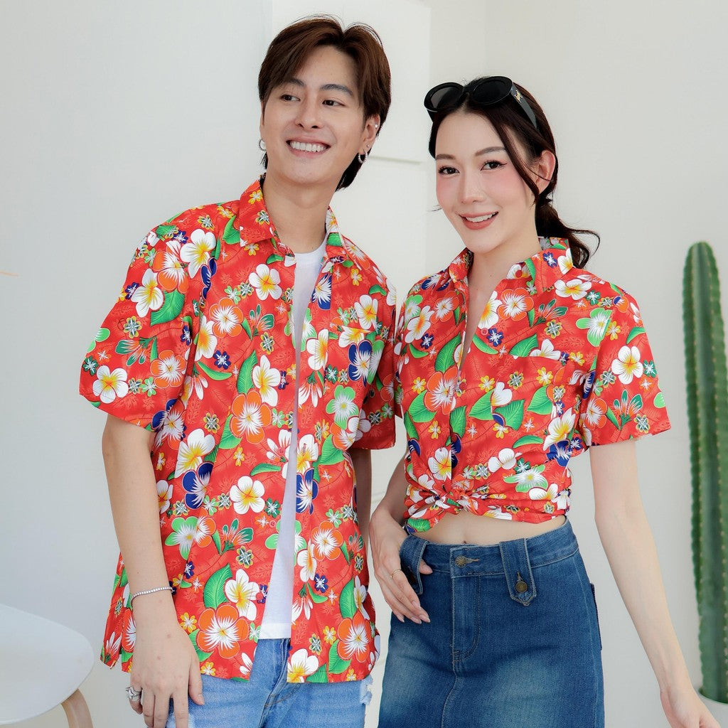 PINK01 เสื้อเชิ้ตลายดอก ผ้าคอตตอน100% สีไม่ตก ผ้าไม่หด ลายคมชัด มีไซส์หญิงชาย 34-56นิ้ว งานป้ายKTIER*1ตัว*