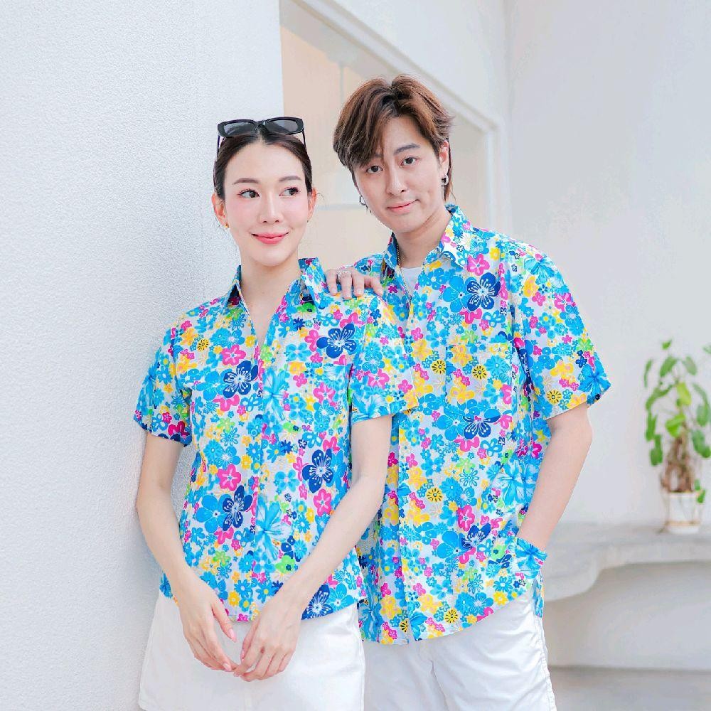 PINK015 เสื้อเชิ้ตลายดอก ผ้าคอตตอน100% สีไม่ตก ผ้าไม่หด ลายคมชัด มีไซส์หญิงชาย 34-56นิ้ว งานป้ายKTIER*1ตัว*