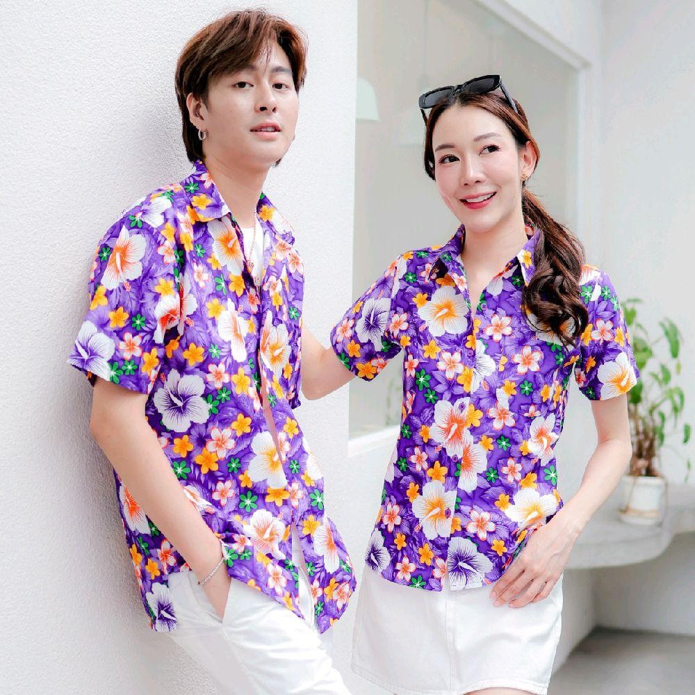 PINK010 เสื้อเชิ้ตลายดอก ผ้าคอตตอน100% สีไม่ตก ผ้าไม่หด ลายคมชัด มีไซส์หญิงชาย 34-54นิ้ว งานป้ายKTIER*1ตัว*