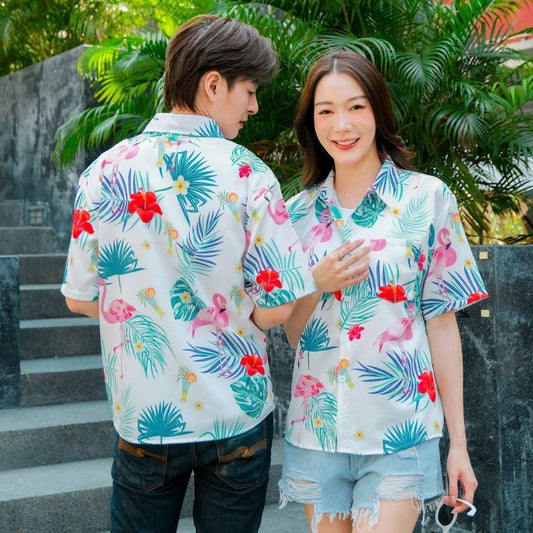 PINK3132 เสื้อฮาวายลายใหม่2025 ทรงวัยรุ่น หญิงชายใส่ได้ ผ้าโพลีพรีเมี่ยม ไซส์38-56นิ้ว งานปัายKTIERออกแบบเอง**1ตัว*