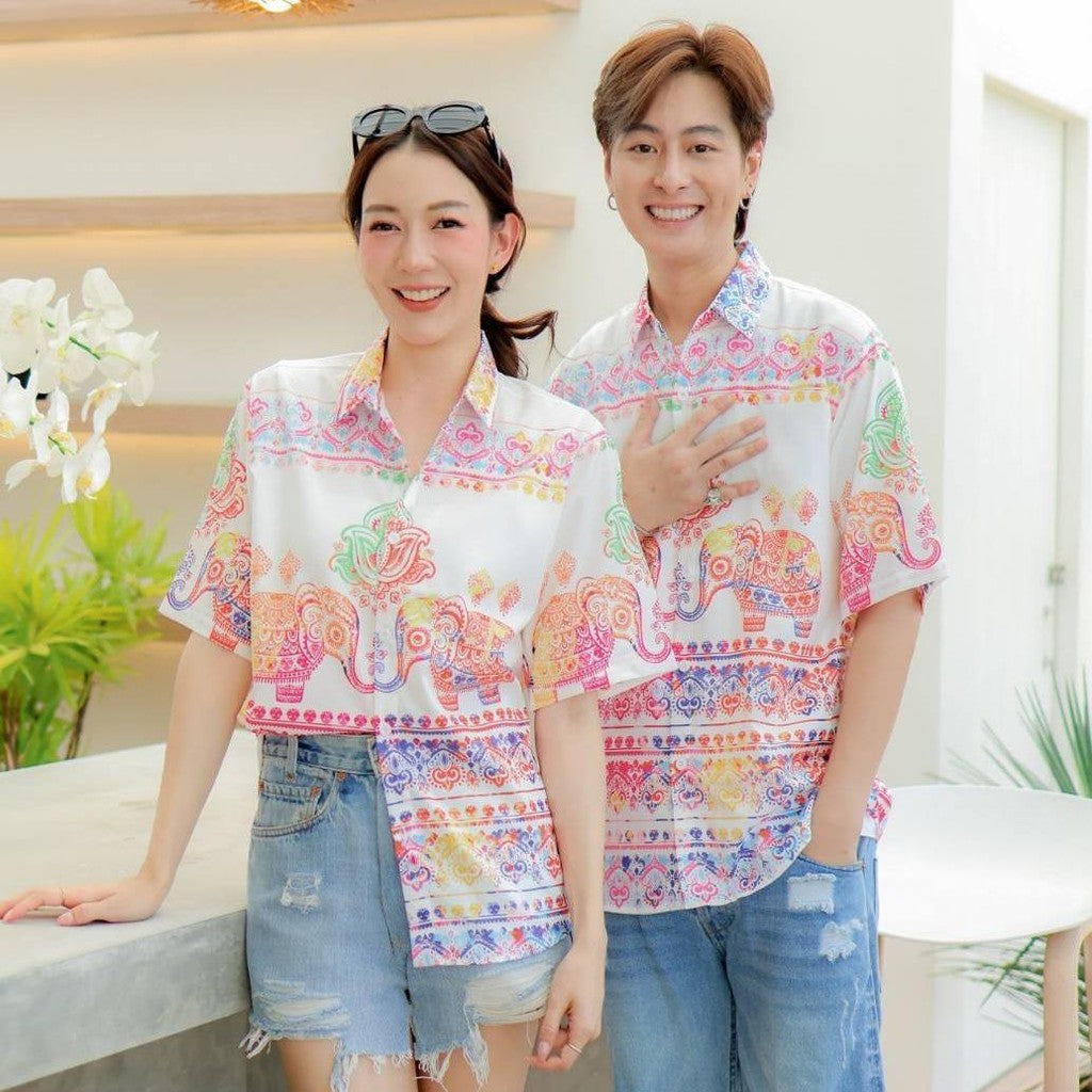 HD025เสื้อฮาวายลายใหม่2025 คลาสสิคThailandทรงวัยรุ่น หญิงชายใส่ได้ ผ้าโพลีพรีเมี่ยมไซส์38-56นิ้ว งานปัาย ลายคมชัด *1ตัว