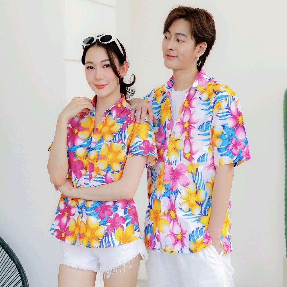 P07เสื้อเชิ้ตลายดอก ผ้าคอตตอน100% สีไม่ตก ผ้าไม่หด มีไซส์หญิงชาย งานป้ายKTIERออกแบบเอง*1ตัว*