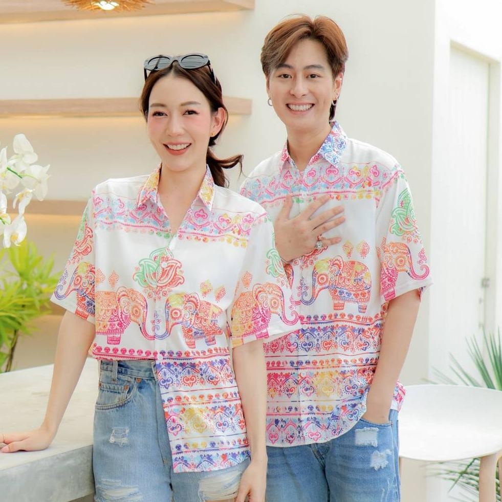 HD025เสื้อฮาวายลายใหม่2025 คลาสสิคThailandทรงวัยรุ่น หญิงชายใส่ได้ ผ้าโพลีพรีเมี่ยมไซส์38-56นิ้ว งานปัาย ลายคมชัด *1ตัว