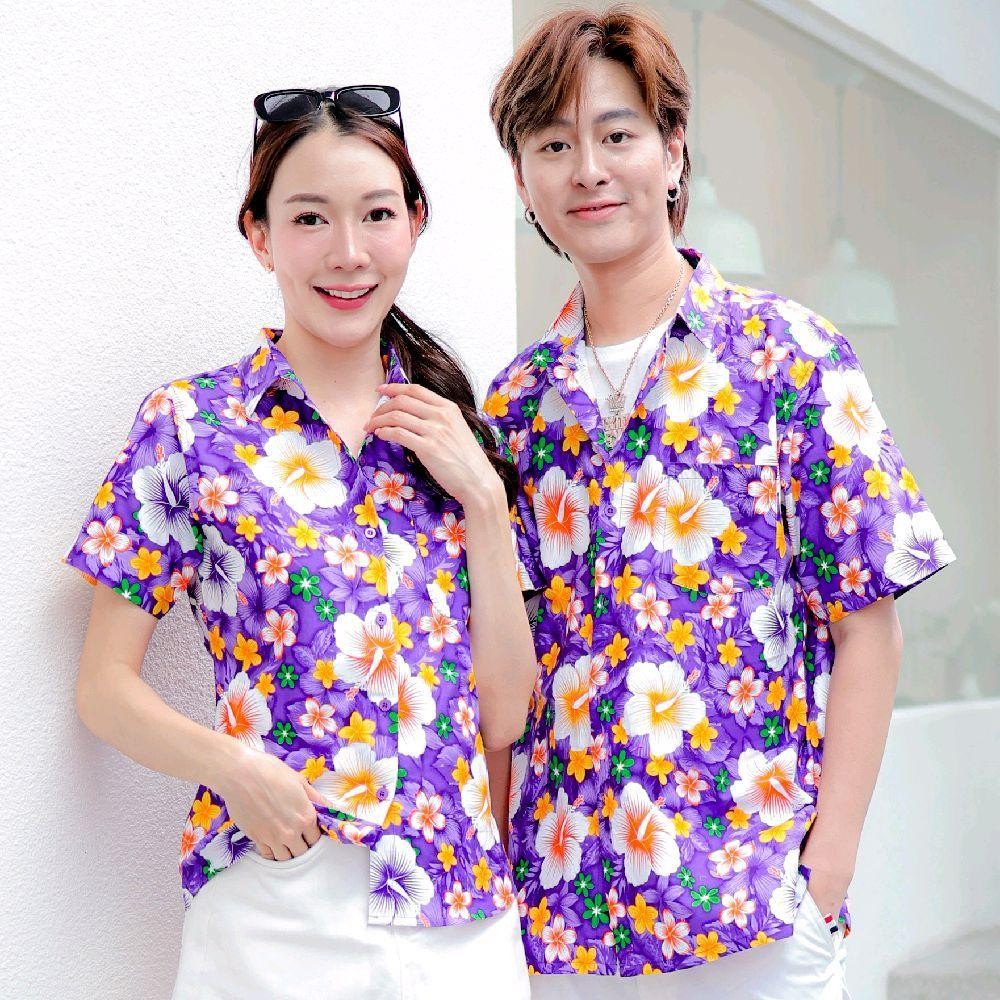 PINK010 เสื้อเชิ้ตลายดอก ผ้าคอตตอน100% สีไม่ตก ผ้าไม่หด ลายคมชัด มีไซส์หญิงชาย 34-54นิ้ว งานป้ายKTIER*1ตัว*