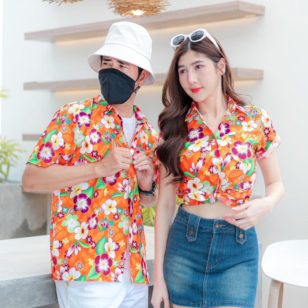 PINK01 เสื้อเชิ้ตลายดอก ผ้าคอตตอน100% สีไม่ตก ผ้าไม่หด ลายคมชัด มีไซส์หญิงชาย 34-56นิ้ว งานป้ายKTIER*1ตัว*