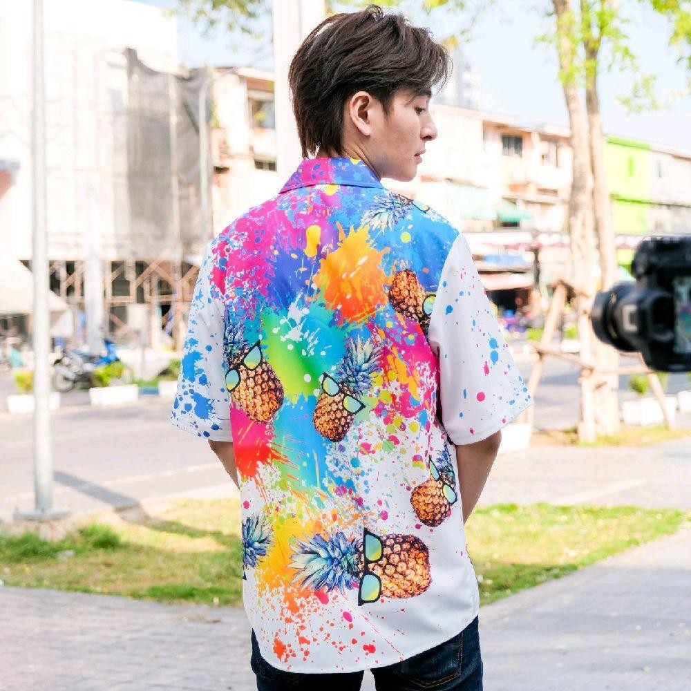 GQD01 เสื้อฮาวายลายใหม่2025 สาดสีสับปะรด ไซส์เด็ก-ผู้ใหญ่ ผ้าโพลีพรีเมี่ยม งานป้าย ลายคมชัด *1ตัว*