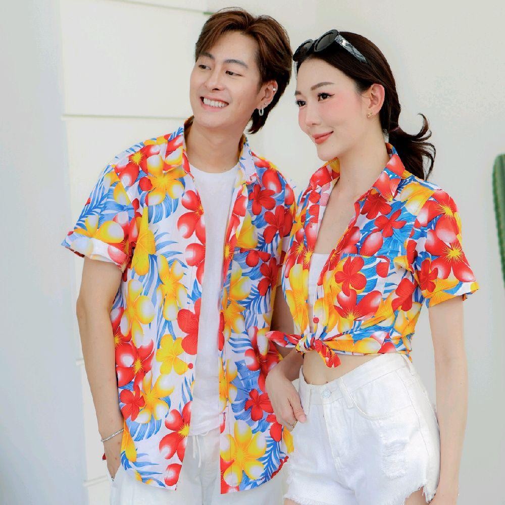 P07เสื้อเชิ้ตลายดอก ผ้าคอตตอน100% สีไม่ตก ผ้าไม่หด มีไซส์หญิงชาย งานป้ายKTIERออกแบบเอง*1ตัว*