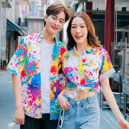 P021เสื้อฮาวายลายใหม่2025 สาดสีลายดอก ทรงวัยรุ่น หญิงชายใส่ได้ ผ้าโพลีพรีเมี่ยม ไซส์38-56นิ้ว งานปัายKTIERออกแบบเอง*1ตัว