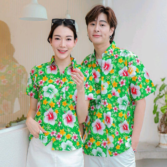 PINK010 เสื้อเชิ้ตลายดอก ผ้าคอตตอน100% สีไม่ตก ผ้าไม่หด ลายคมชัด มีไซส์หญิงชาย 34-54นิ้ว งานป้ายKTIER*1ตัว*