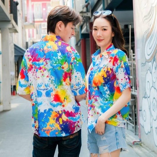 Pink3122เสื้อฮาวายลายใหม่2025 สาดสีSongkran ทรงวัยรุ่น หญิงชายใส่ได้ ผ้าโพลีพรีเมี่ยมไซส์38-56นิ้ว งานปัาย ลายคมชัด*1ตัว