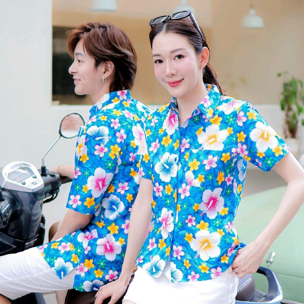 PINK010 เสื้อเชิ้ตลายดอก ผ้าคอตตอน100% สีไม่ตก ผ้าไม่หด ลายคมชัด มีไซส์หญิงชาย 34-54นิ้ว งานป้ายKTIER*1ตัว*