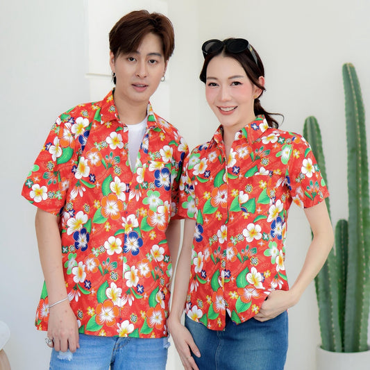 PINK01 เสื้อเชิ้ตลายดอก ผ้าคอตตอน100% สีไม่ตก ผ้าไม่หด ลายคมชัด มีไซส์หญิงชาย 34-56นิ้ว งานป้ายKTIER*1ตัว*