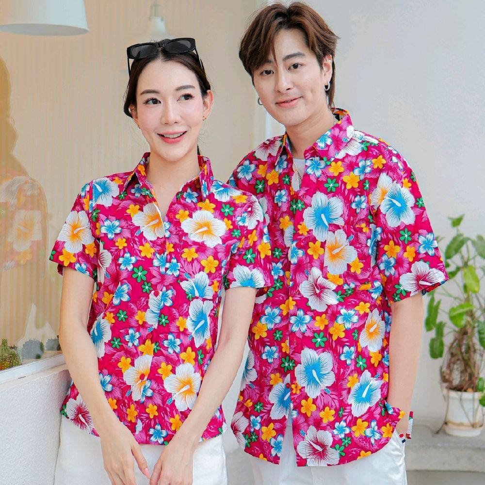 PINK010 เสื้อเชิ้ตลายดอก ผ้าคอตตอน100% สีไม่ตก ผ้าไม่หด ลายคมชัด มีไซส์หญิงชาย 34-54นิ้ว งานป้ายKTIER*1ตัว*