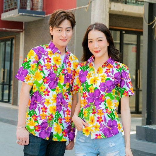 Pink08 เสื้อเชิ้ตลายดอก ผ้าคอตตอน100% สีไม่ตก ผ้าไม่หด ลายคมชัด มีไซส์หญิงชาย งานป้ายKTIERออกแบบเอง*1ตัว*