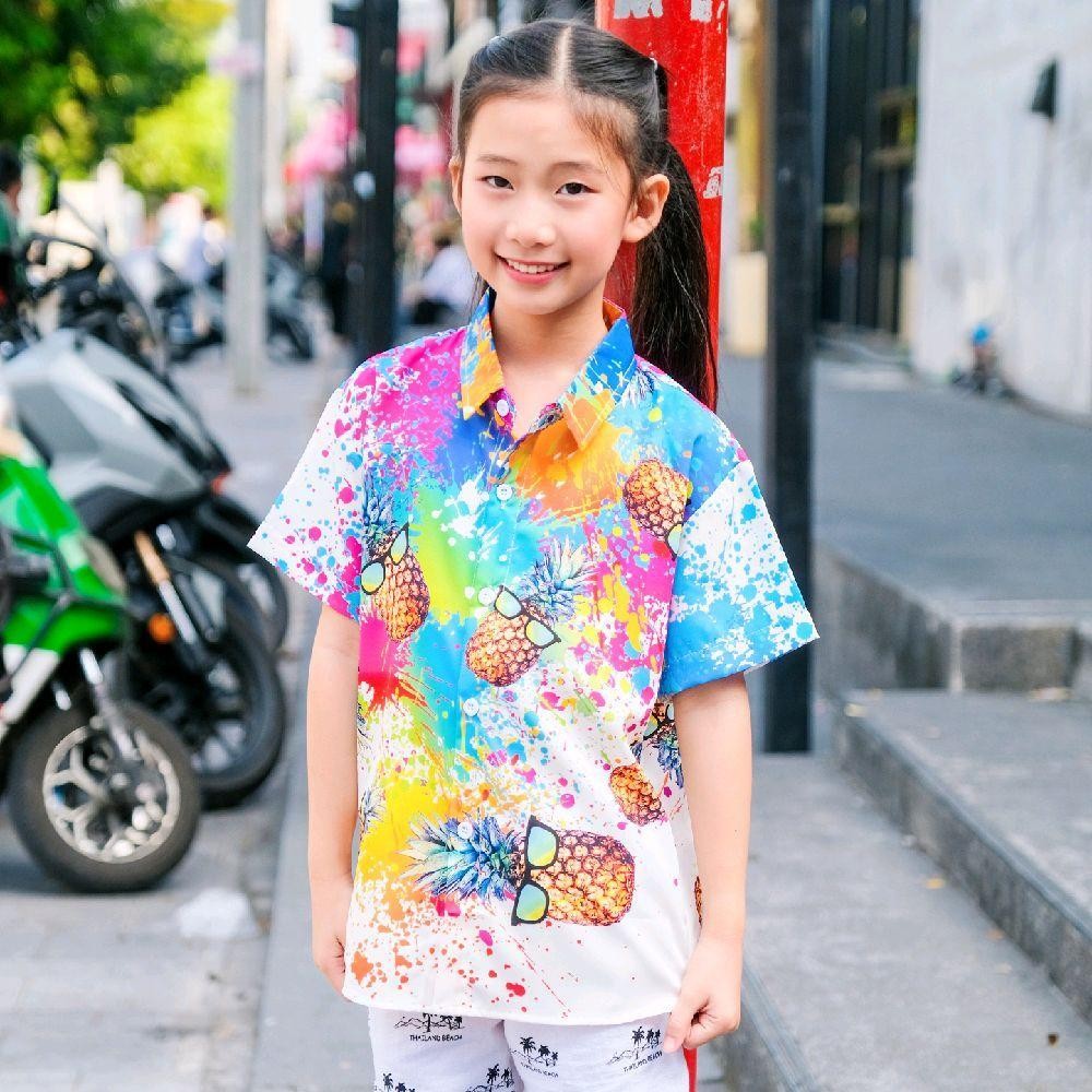 GQD01 เสื้อฮาวายลายใหม่2025 สาดสีสับปะรด ไซส์เด็ก-ผู้ใหญ่ ผ้าโพลีพรีเมี่ยม งานป้าย ลายคมชัด *1ตัว*