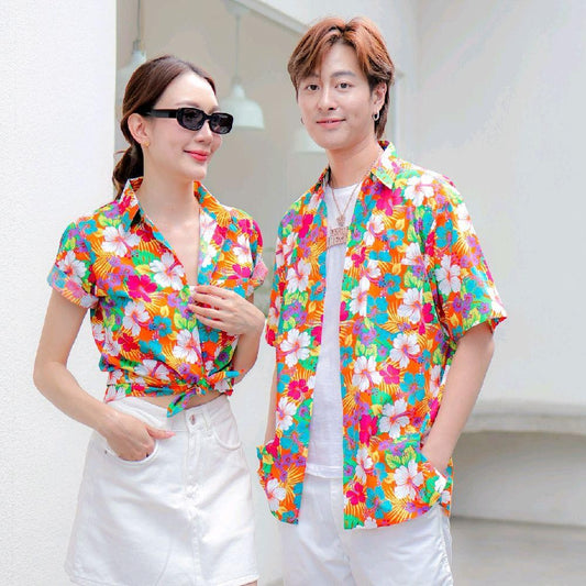 Pink027 เสื้อเชิ้ตลายดอก ผ้าคอตตอน100% สีไม่ตก ผ้าไม่หด ลายคมชัด มีไซส์หญิงชาย 34-54นิ้ว งานป้ายKTIER*1ตัว*