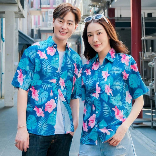 PINK3129 เสื้อฮาวายลายใหม่2025 ทรงวัยรุ่น หญิงชายใส่ได้ ผ้าโพลีพรีเมี่ยม ไซส์38-56นิ้ว งานปัาย ลายคมชัด **1ตัว**