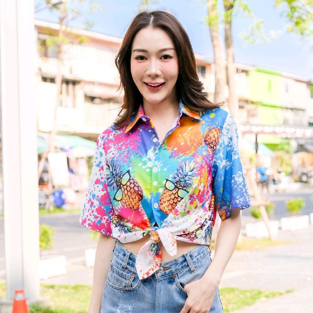GQD01 เสื้อฮาวายลายใหม่2025 สาดสีสับปะรด ไซส์เด็ก-ผู้ใหญ่ ผ้าโพลีพรีเมี่ยม งานป้าย ลายคมชัด *1ตัว*