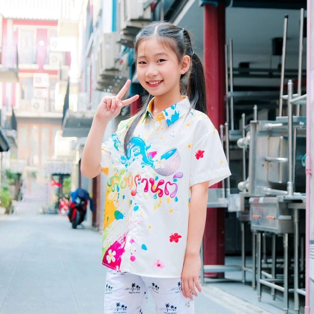 Newเสื้อฮาวายเด็ก2025 Songkran เด็กหญิงเด็กชายใส่ได้ผ้าโพลีพรีเมี่ยม ลายคมชัด งานป้ายKTIER