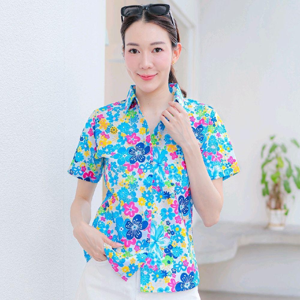 PINK015 เสื้อเชิ้ตลายดอก ผ้าคอตตอน100% สีไม่ตก ผ้าไม่หด ลายคมชัด มีไซส์หญิงชาย 34-56นิ้ว งานป้ายKTIER*1ตัว*