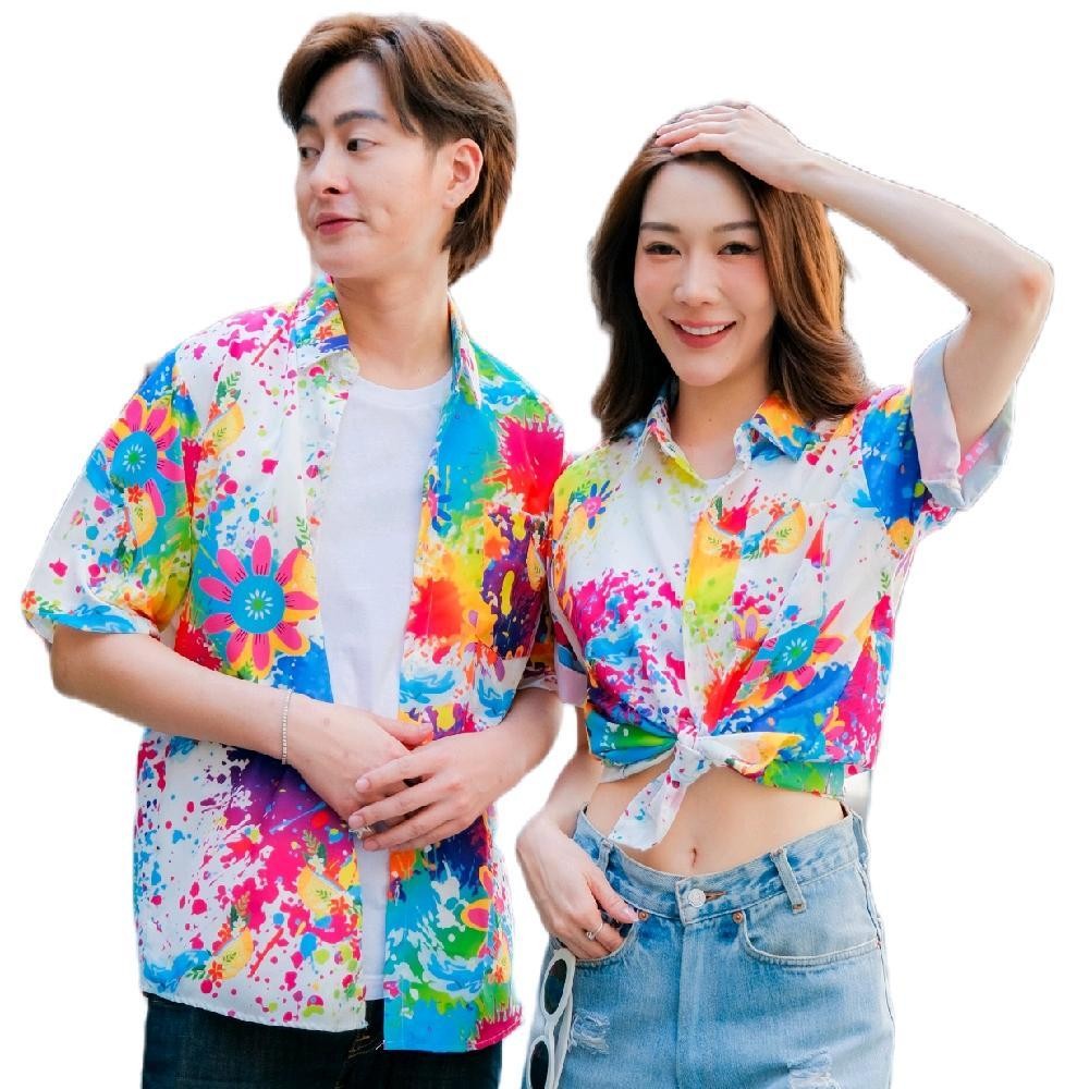 P021เสื้อฮาวายลายใหม่2025 สาดสีลายดอก ทรงวัยรุ่น หญิงชายใส่ได้ ผ้าโพลีพรีเมี่ยม ไซส์38-56นิ้ว งานปัายKTIERออกแบบเอง*1ตัว