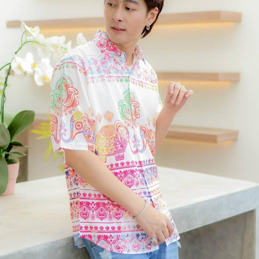 HD025เสื้อฮาวายลายใหม่2025 คลาสสิคThailandทรงวัยรุ่น หญิงชายใส่ได้ ผ้าโพลีพรีเมี่ยมไซส์38-56นิ้ว งานปัาย ลายคมชัด *1ตัว