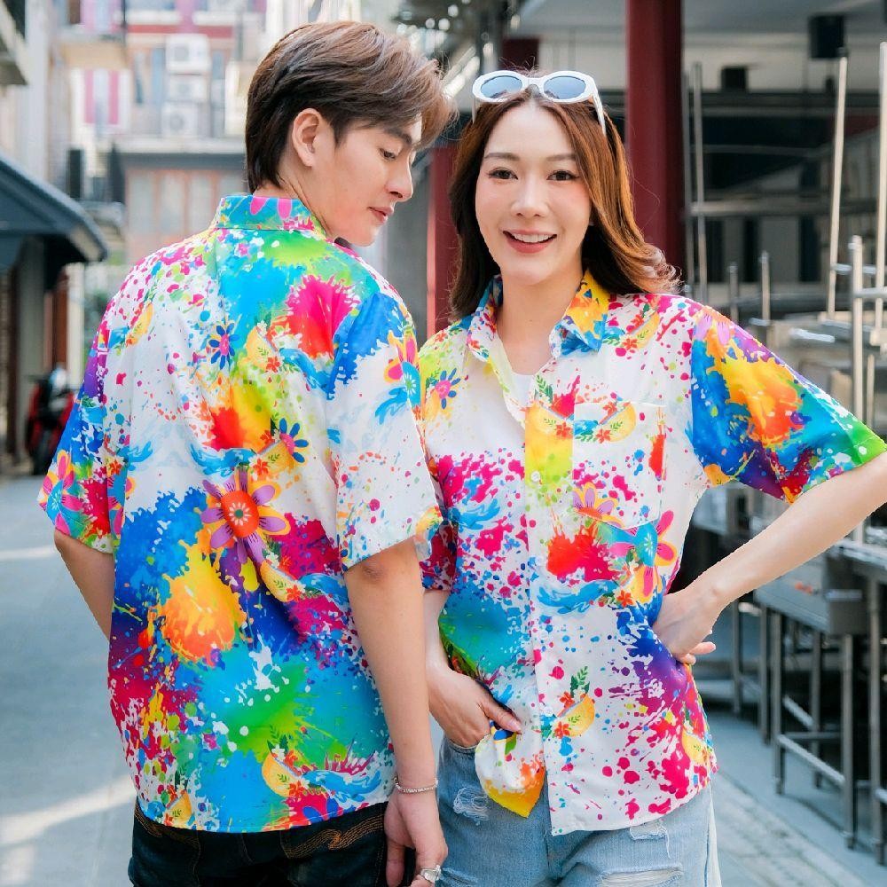 P021เสื้อฮาวายลายใหม่2025 สาดสีลายดอก ทรงวัยรุ่น หญิงชายใส่ได้ ผ้าโพลีพรีเมี่ยม ไซส์38-56นิ้ว งานปัายKTIERออกแบบเอง*1ตัว