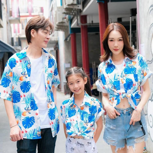 PINK01 เสื้อทีมฮาวายลายใหม่2025 ทรงวัยรุ่น หญิงชายใส่ได้ ผ้าโพลีพรีเมี่ยม ไซส์เด็ก-ผู้ใหญ่ งานปัาย ลายคมชัด **1ตัว**