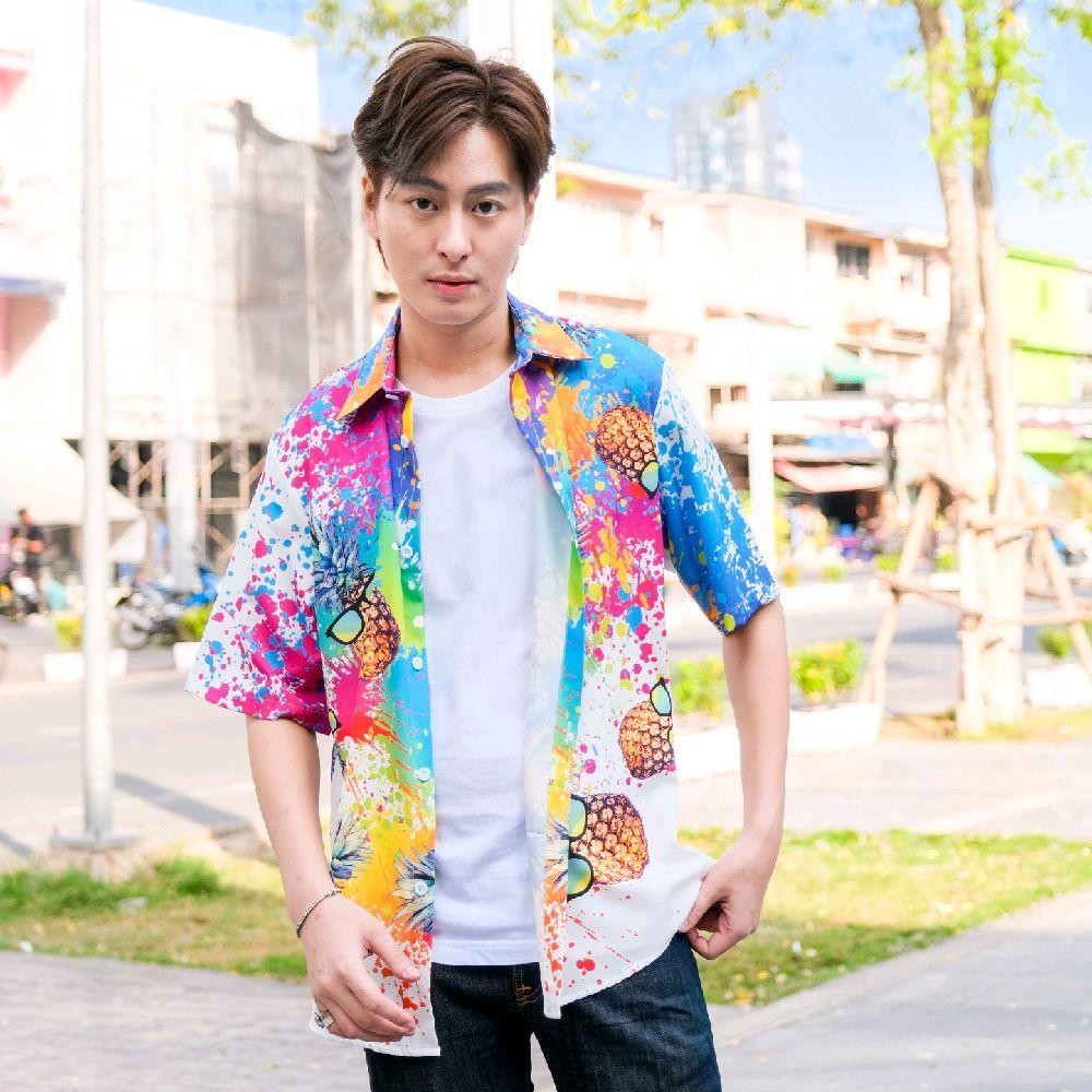 GQD01 เสื้อฮาวายลายใหม่2025 สาดสีสับปะรด ไซส์เด็ก-ผู้ใหญ่ ผ้าโพลีพรีเมี่ยม งานป้าย ลายคมชัด *1ตัว*