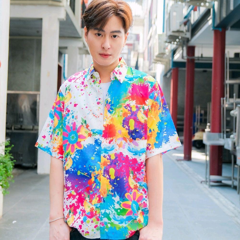 P021เสื้อฮาวายลายใหม่2025 สาดสีลายดอก ทรงวัยรุ่น หญิงชายใส่ได้ ผ้าโพลีพรีเมี่ยม ไซส์38-56นิ้ว งานปัายKTIERออกแบบเอง*1ตัว