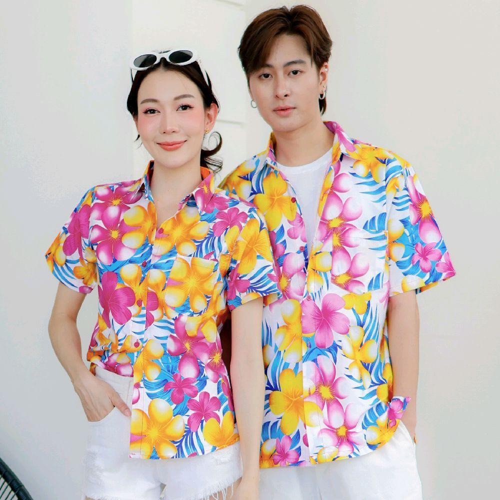 P07เสื้อเชิ้ตลายดอก ผ้าคอตตอน100% สีไม่ตก ผ้าไม่หด มีไซส์หญิงชาย งานป้ายKTIERออกแบบเอง*1ตัว*