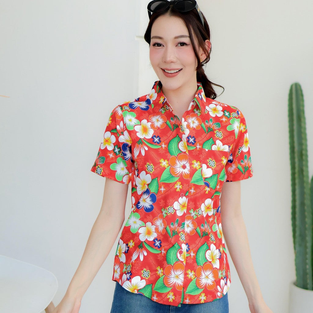 PINK01 เสื้อเชิ้ตลายดอก ผ้าคอตตอน100% สีไม่ตก ผ้าไม่หด ลายคมชัด มีไซส์หญิงชาย 34-56นิ้ว งานป้ายKTIER*1ตัว*