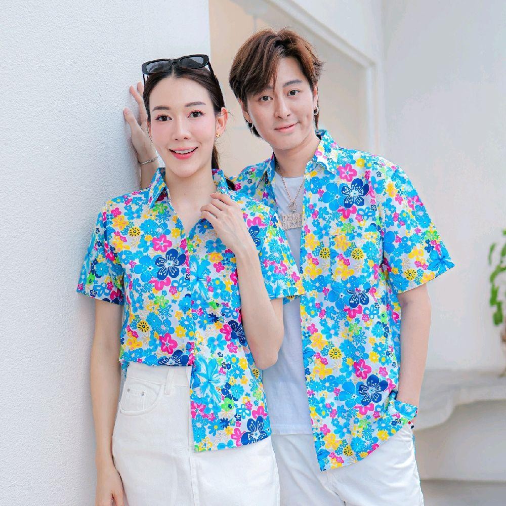 PINK015 เสื้อเชิ้ตลายดอก ผ้าคอตตอน100% สีไม่ตก ผ้าไม่หด ลายคมชัด มีไซส์หญิงชาย 34-56นิ้ว งานป้ายKTIER*1ตัว*