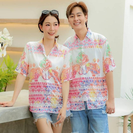 HD025เสื้อฮาวายลายใหม่2025 คลาสสิคThailandทรงวัยรุ่น หญิงชายใส่ได้ ผ้าโพลีพรีเมี่ยมไซส์38-56นิ้ว งานปัาย ลายคมชัด *1ตัว